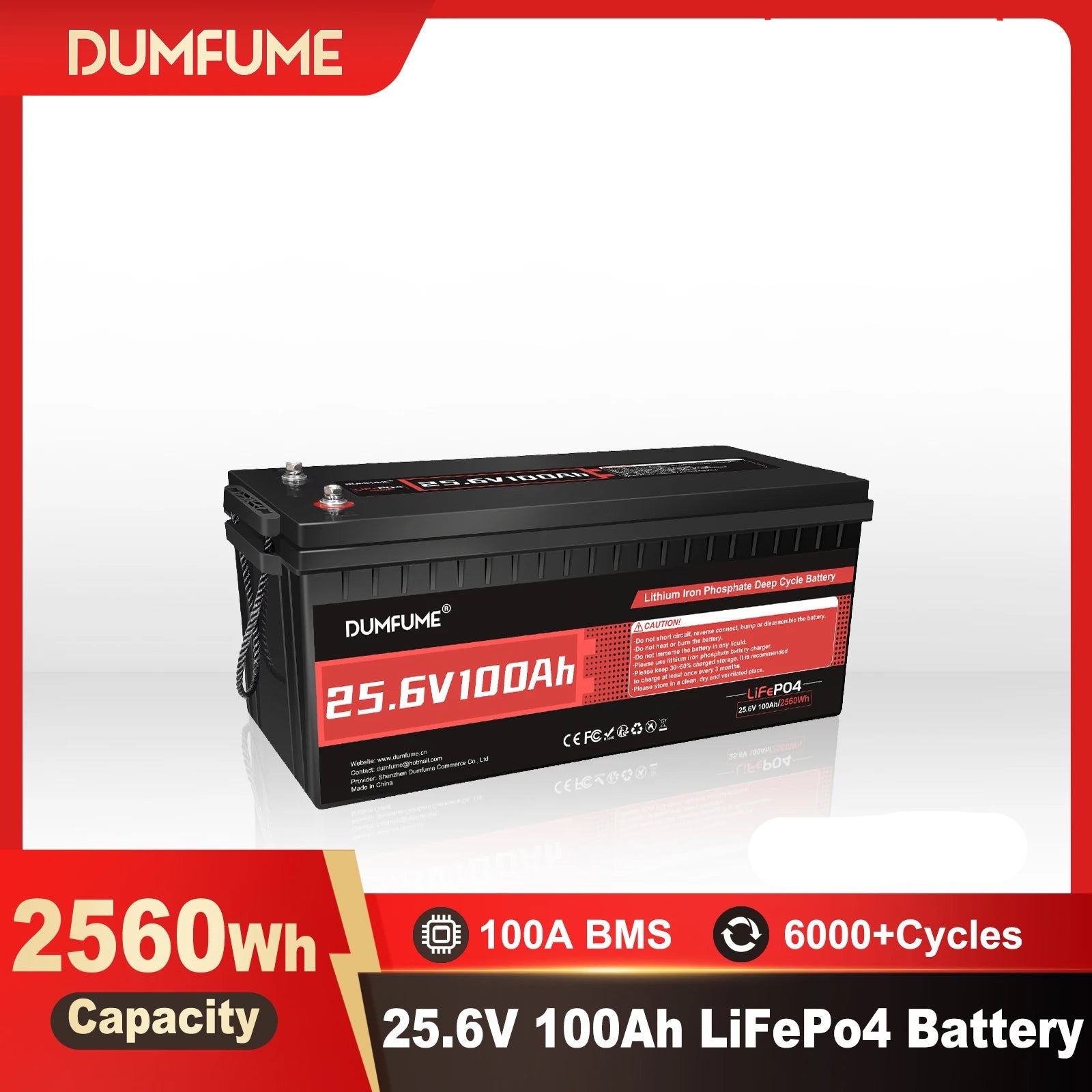 DUMFUME 24V 100Ah LiFePO4 Lithium Battery – 2560Wh