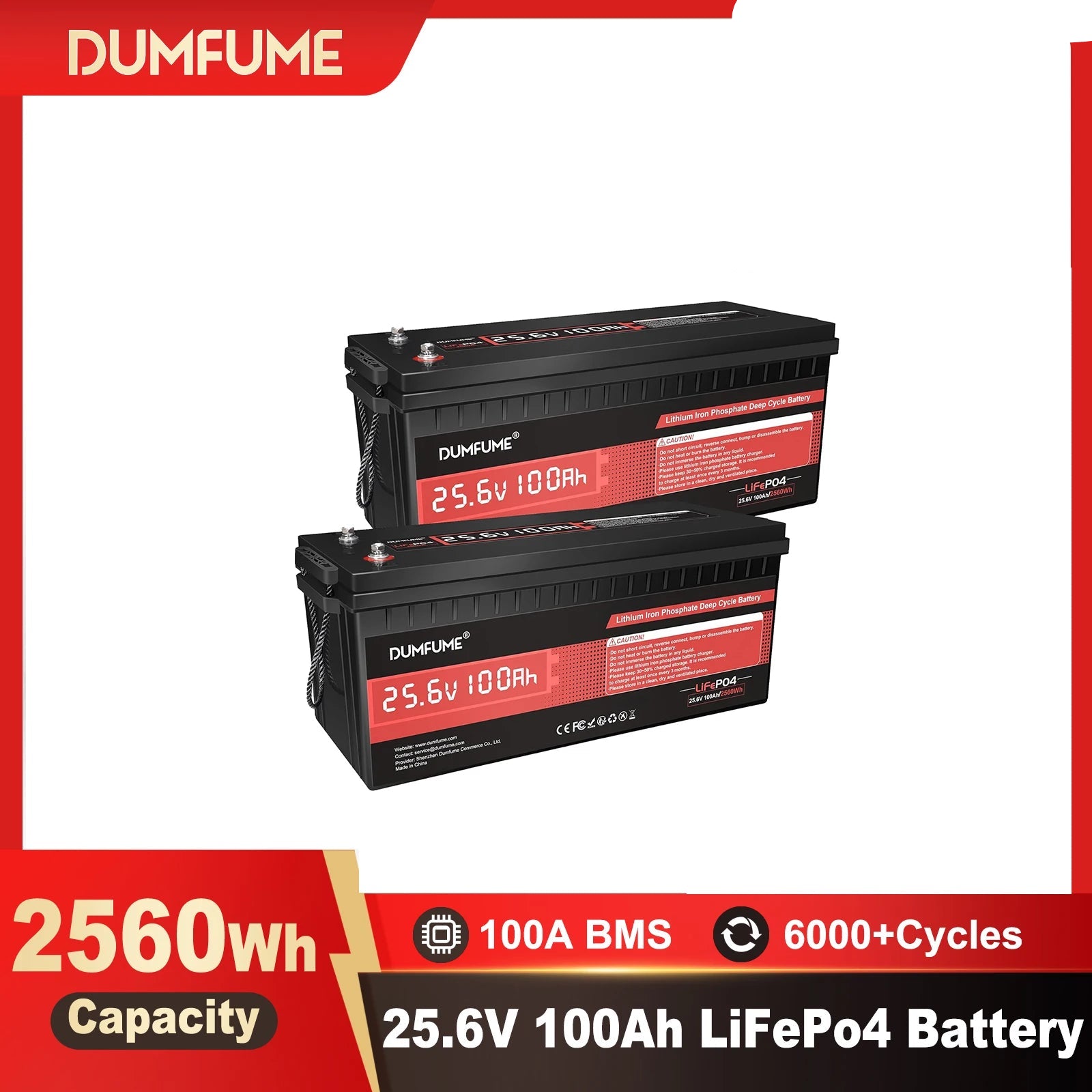 DUMFUME 2-Pack 24V 100Ah LiFePO4 Lithium Battery Bundle – 5.12kWh